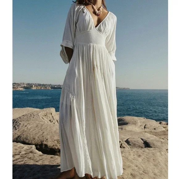 Free People Dixie Lace Smocked Panel Maxi Dress, Egret (White), L (NWOT) - Picture 2 of 16